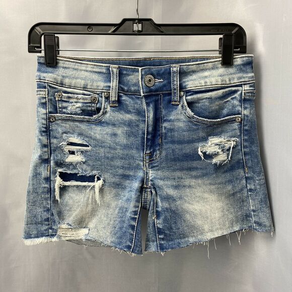 American Eagle Midi Shorts 2 Next Level Stretch Denim Blue Jean Distressed - Picture 3 of 10